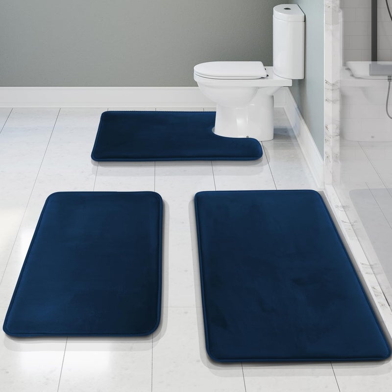Clara Clark 3 Piece Bathroom Rugs Bath Mat Set, Velvet Memory Foam Bath Mats for Bathroom - Non-Slip, PVC Backing Bath Rugs, Washable - Dries Quickly, Blue - Image 1